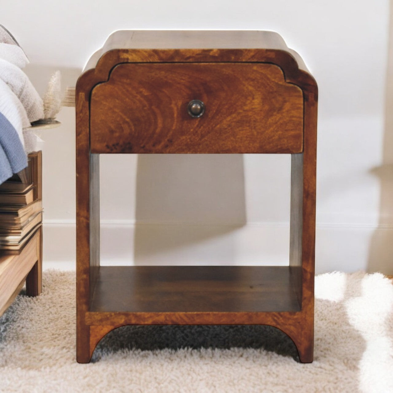 Solid Wood Newton Mini Chestnut Nightstand With A Drawer And Open Shelf