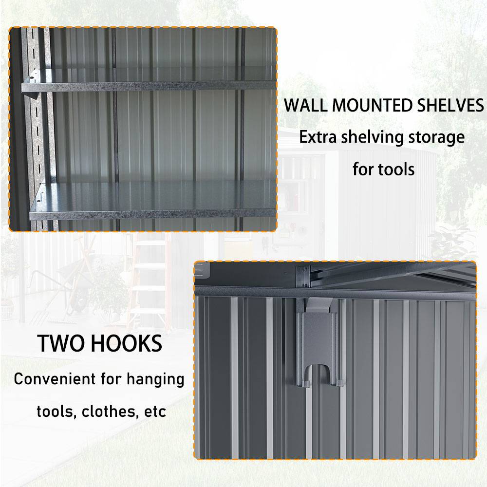 8x8ft Galvanized Steel Garden Shed With 1.1m Lean-to Extension & Shelves – Heavy Duty Outdoor Storage Shed With Firewood Roof & Ample Space