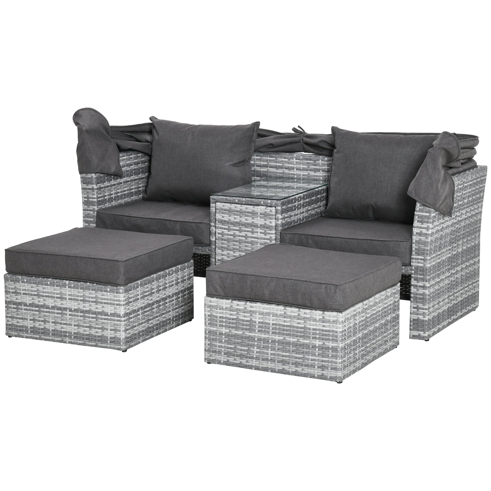 3 Pc Outdoor Rattan Daybed Sofa Table W/ Canopy