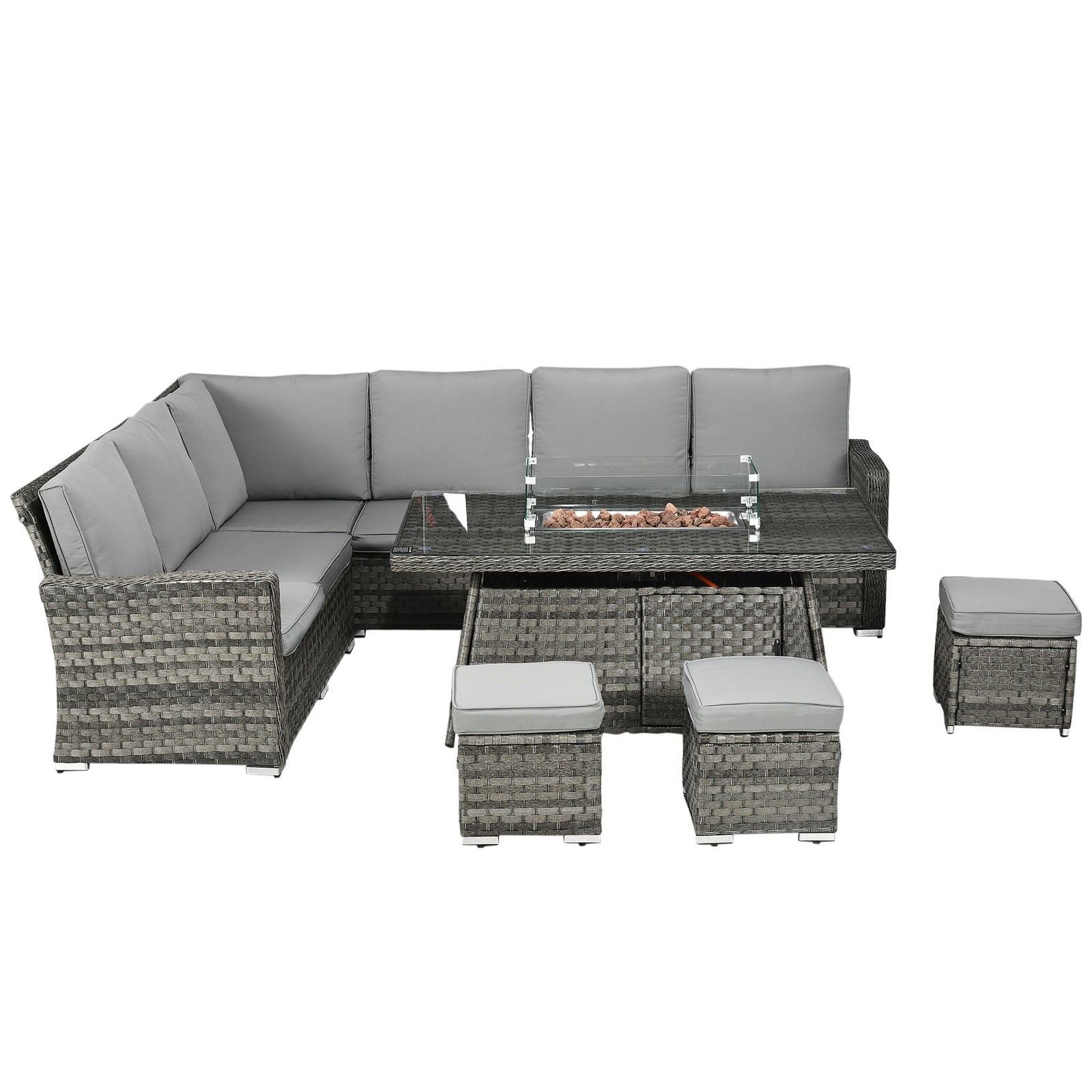 7 Pieces Rattan Set W/ Gas Fire Pit Table Grey