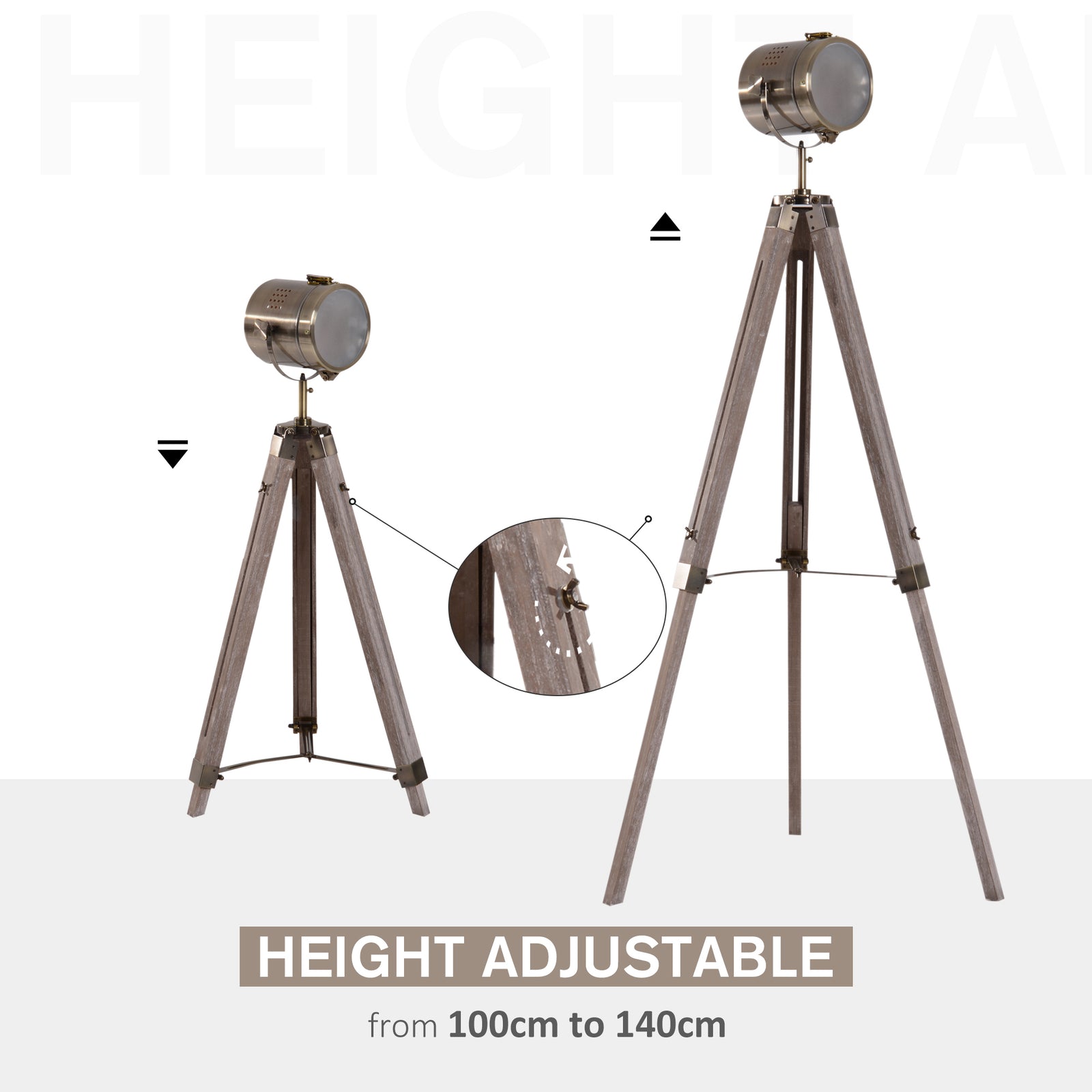 Industrial Tripod Floor Lamp Wood Adjustable Spotlight