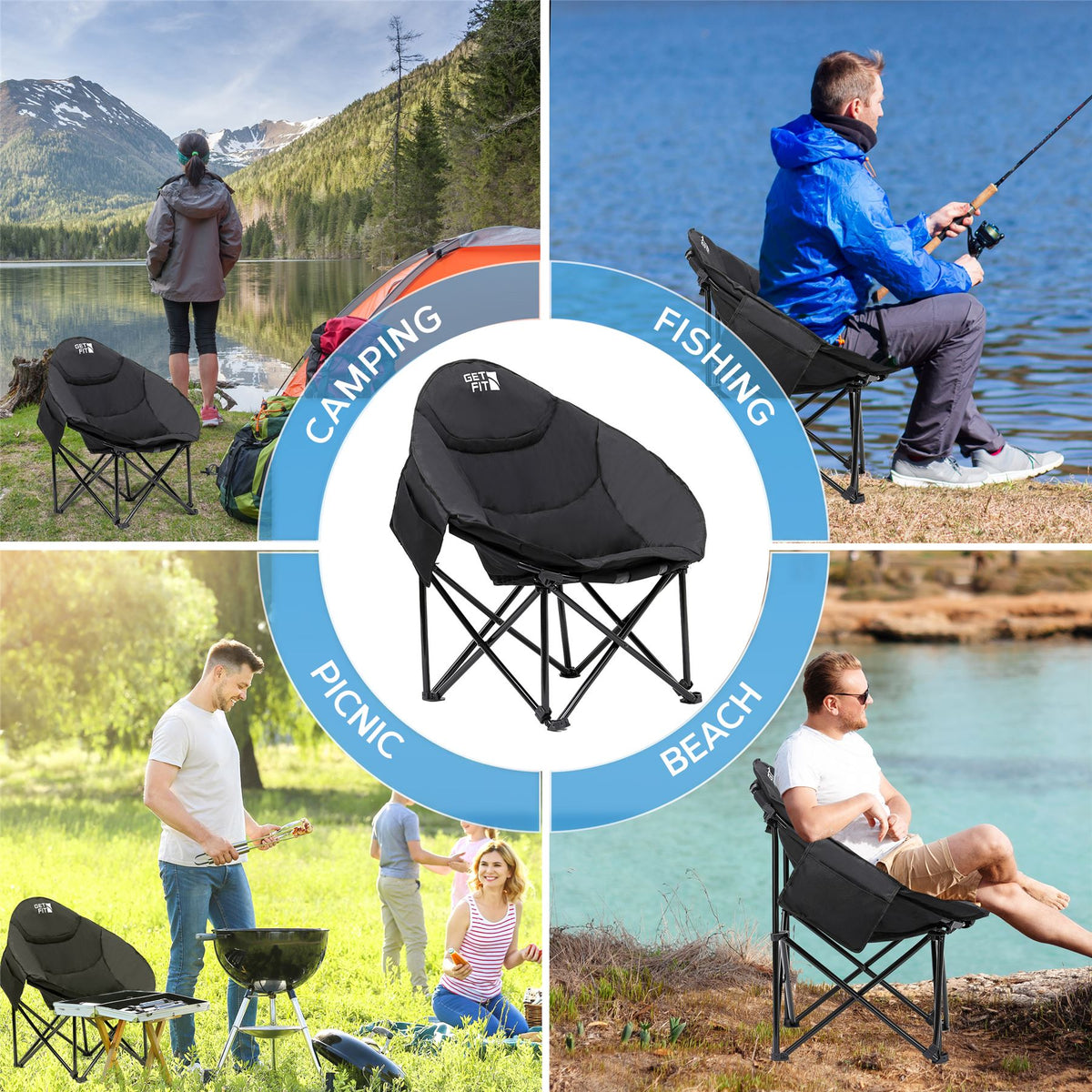 Moon Camping Chair - Portable Outdoor Premium Folding Chair For Adults With Magazine Pocket, Cup Holder & Carry Bag - Heavy Duty Foldable Chair | Single