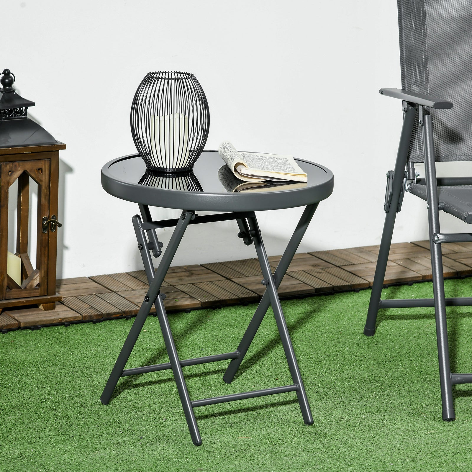 Round Folding Side Table With Imitation Marble Top | Black