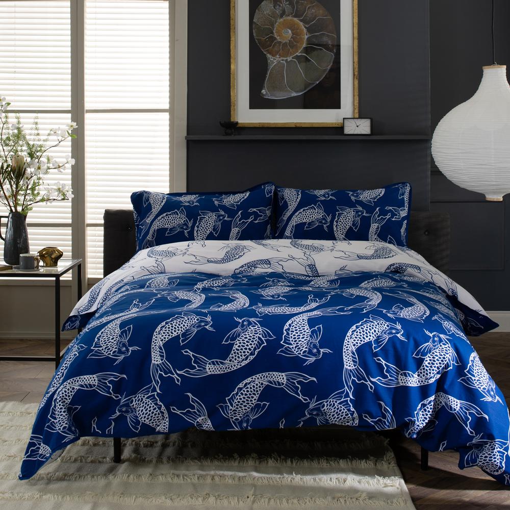 Dancing Koi Deluxe Thread Count Cotton Duvet Cover Set | Double | Blue