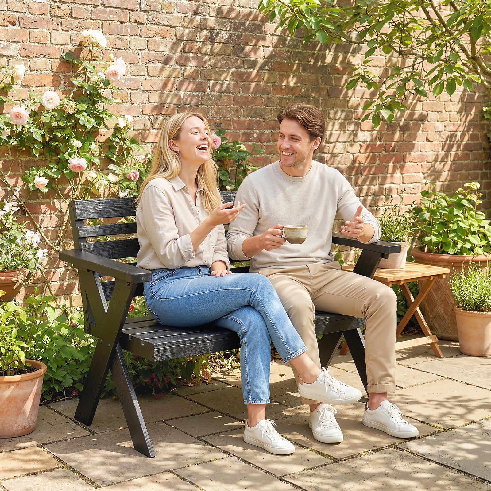 Outsunny 2 Seater Wood Garden Bench, Slatted Patio Bench With Armrest Black