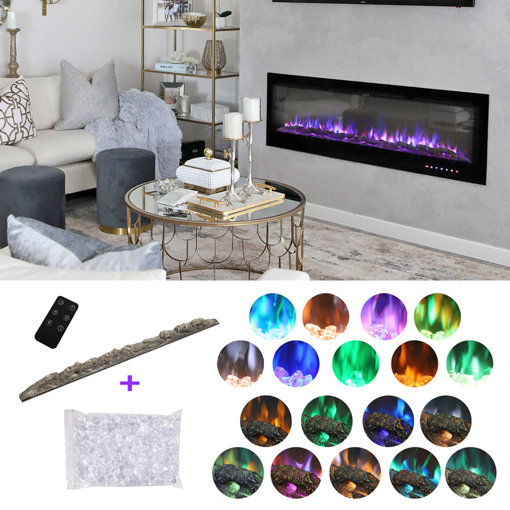70/80-inch Black Electric Fireplace Heater, Wall Mounted Or Recessed With 12 Flame Colors, Adjustable Brightness & Remote Control | Small
