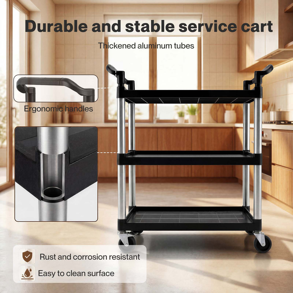 Tool Trolley 3 Tier Rolling Storage Cart Multi-functional Workplace Black | Black