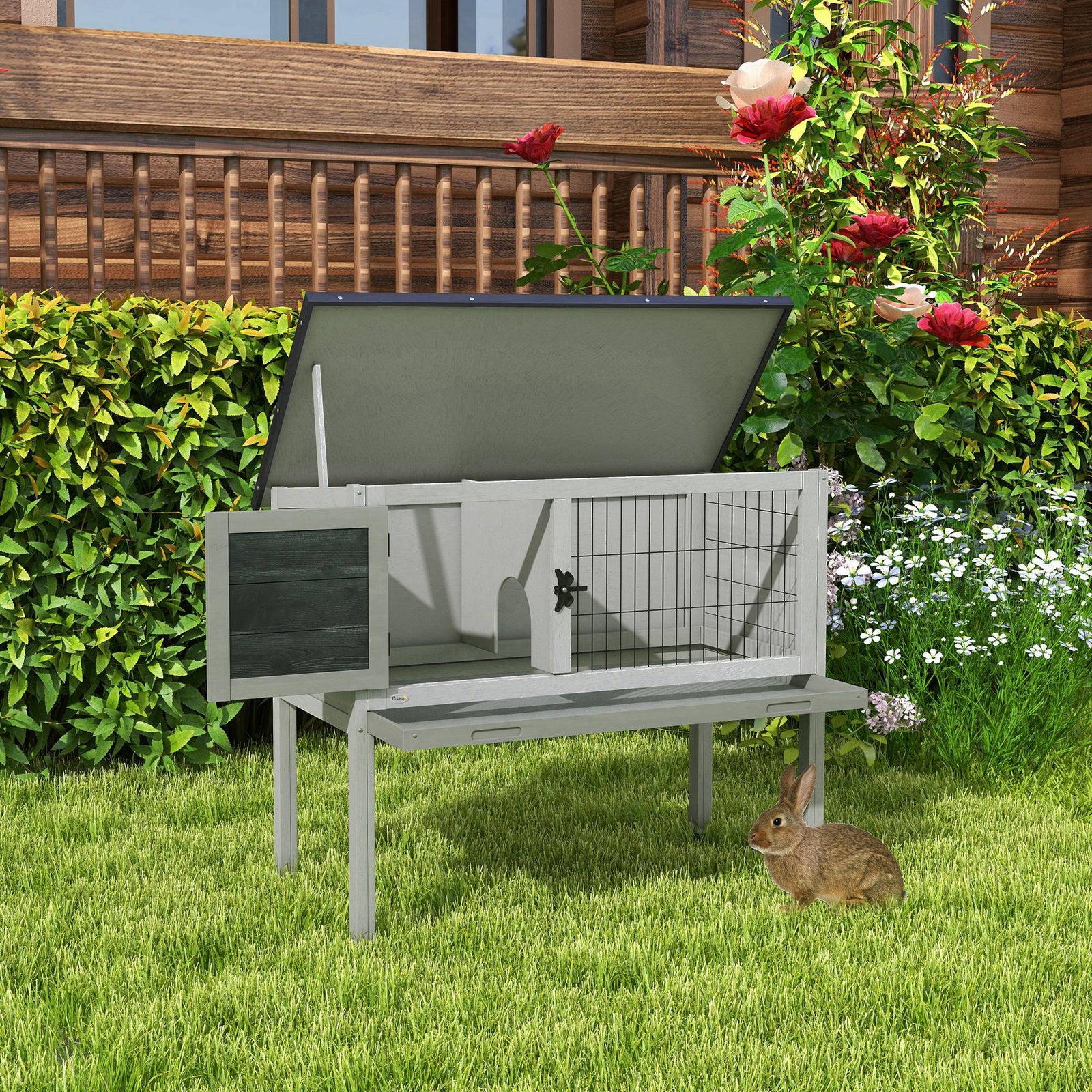 Large Elevated Indoor Outdoor Wooden Rabbit Hutch W/ Asphalt Roof, Tray | Gray