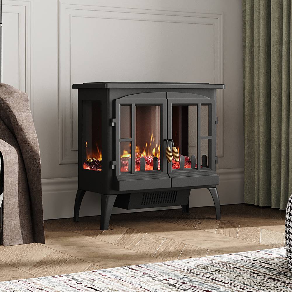 Freestanding Electric Fireplace Heater,1000w/2000w Portable Space Heater With Realistic Flame, Adjustable Brightness & Overheat Protection