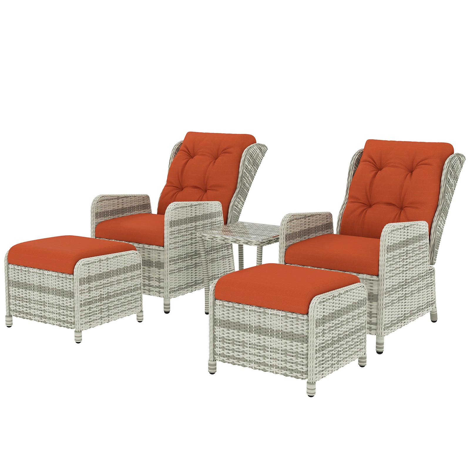 Recliner Rattan Garden Furniture W/ Two-tier Glass Top Table | Orange