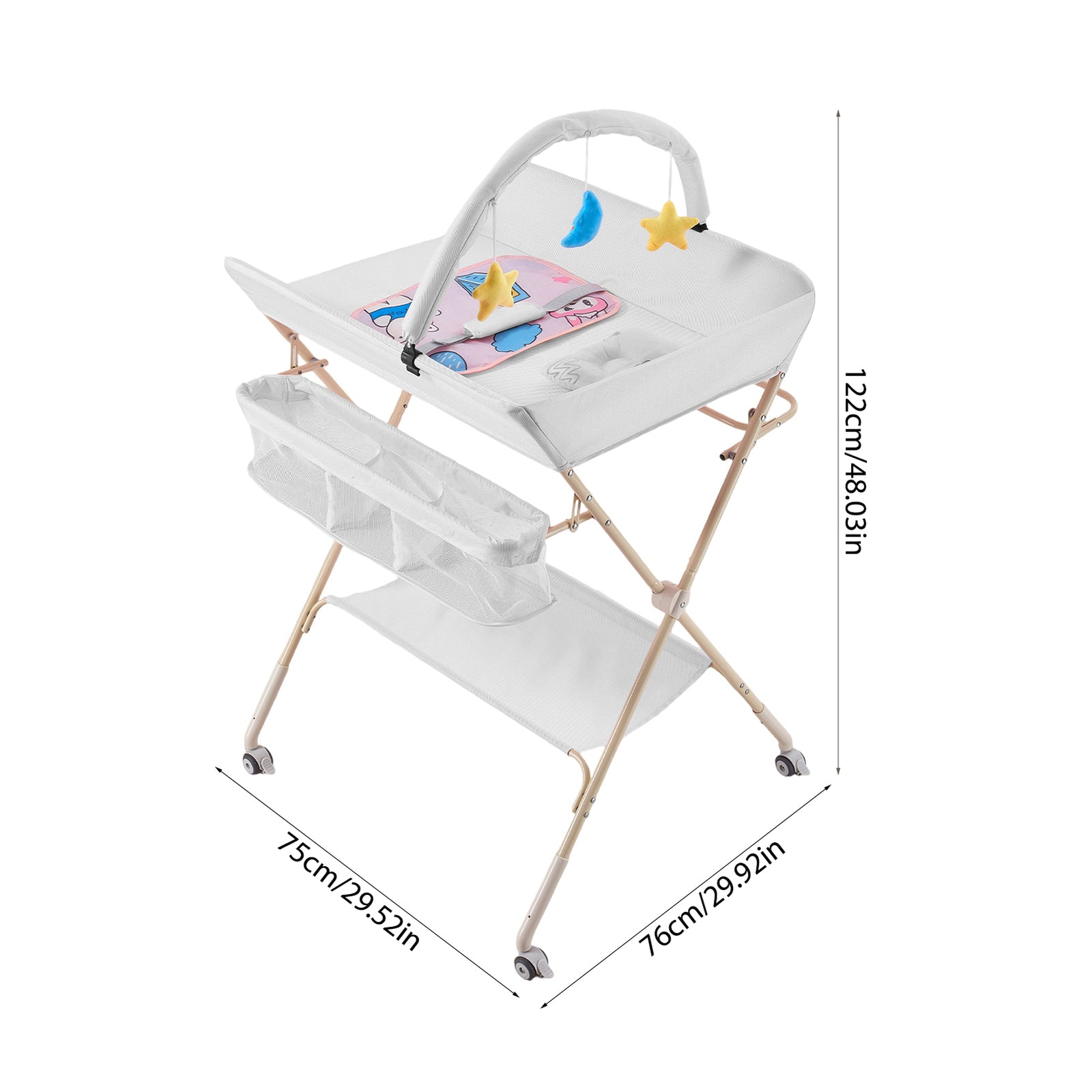 Portable Adjustable Baby Changing Table With Storage, Hanging Toy , Small Basin, Pillow & Changing Pad – Foldable Infant Diaper Station | Grey