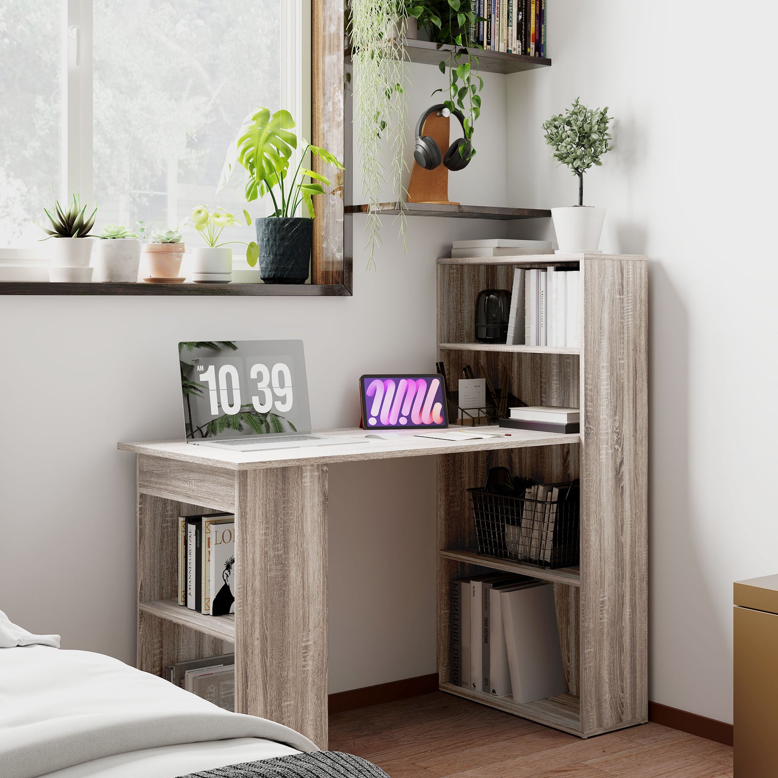 120cm Computer Desk Bookshelf Writing Table 6 Shelves | Grey