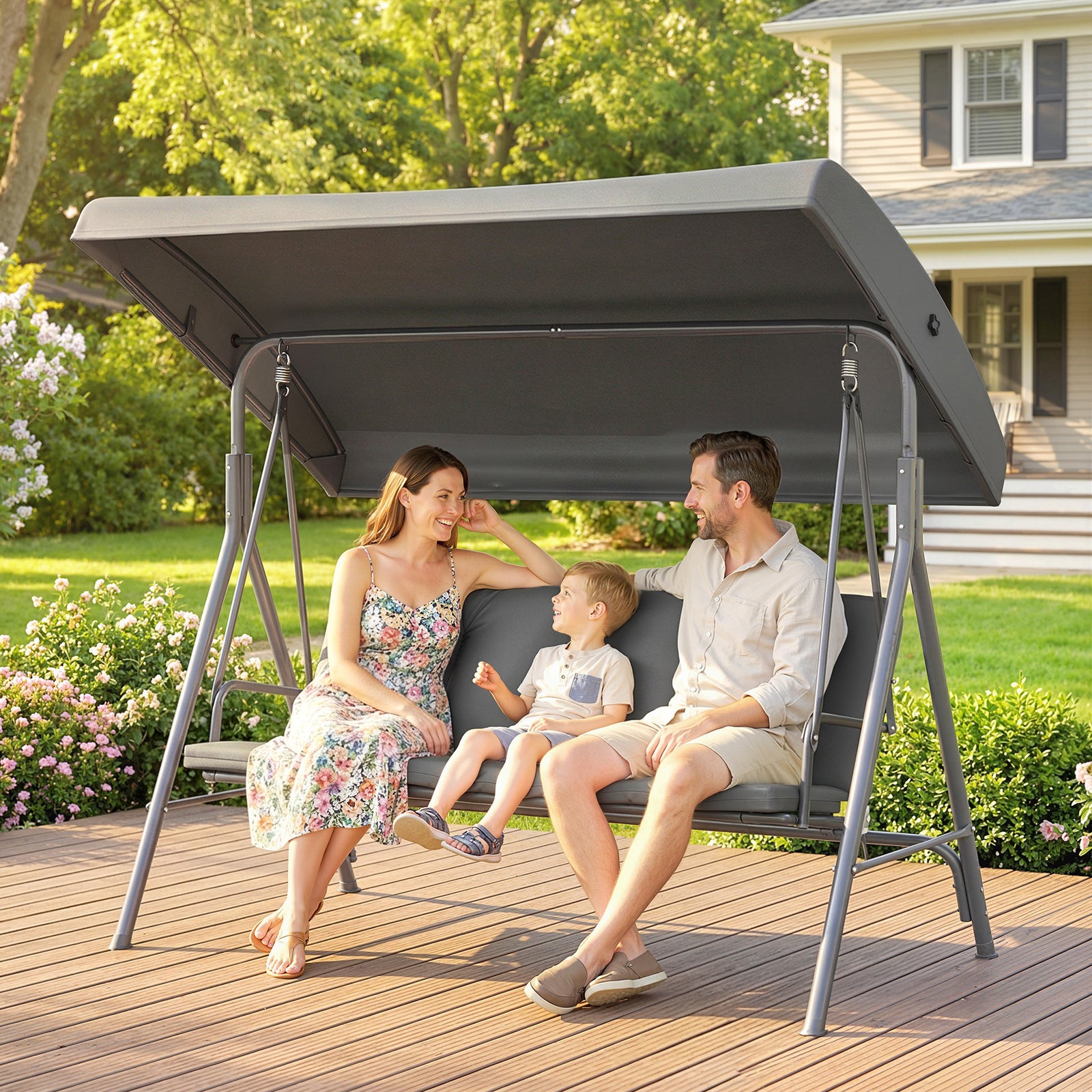 Outsunny 3 Seater Garden Swing Chair, Patio Rocking Bench With Steel Frame