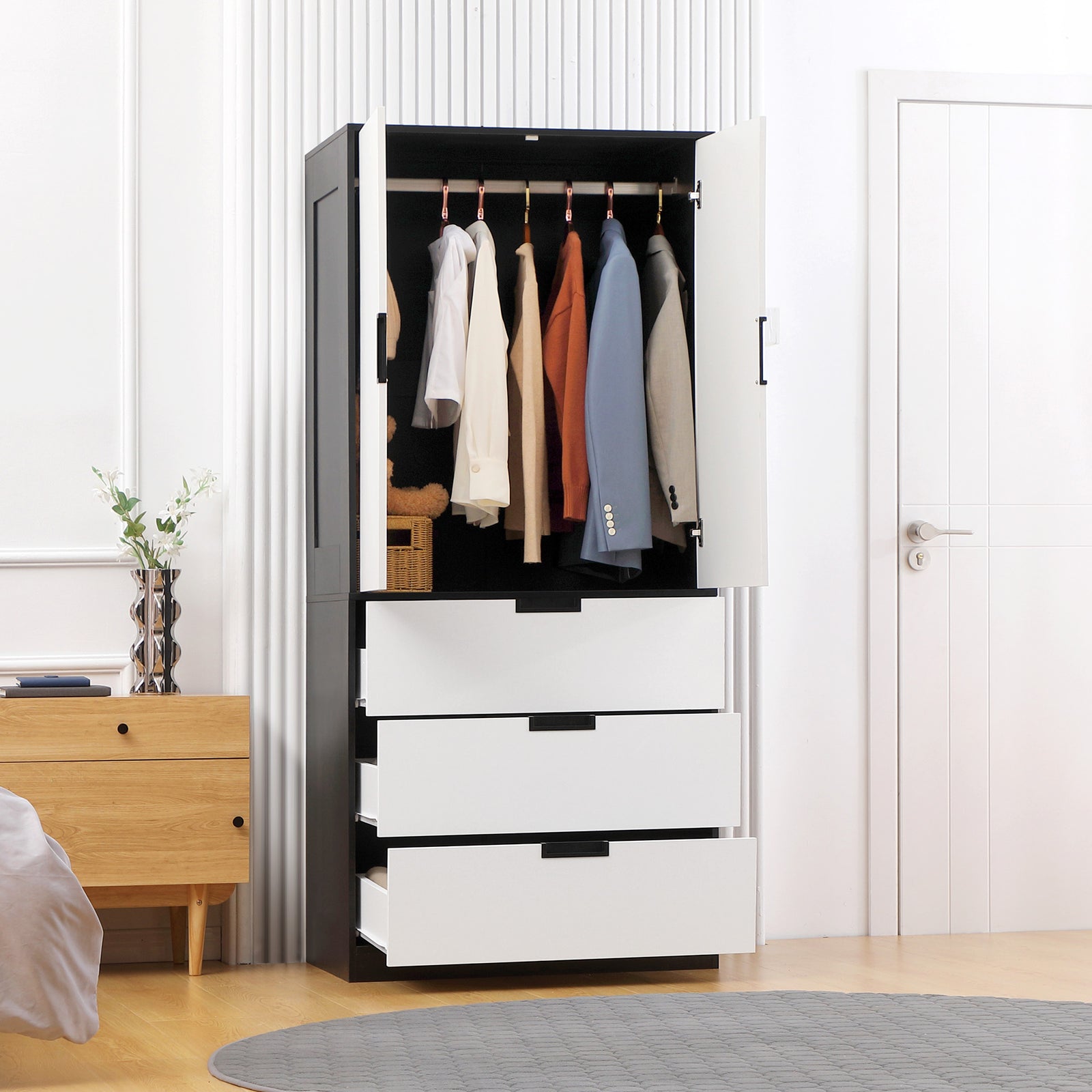2 Door Wardrobe Wardrobe With 3 Drawer And Hanging Rod | One Size | Black