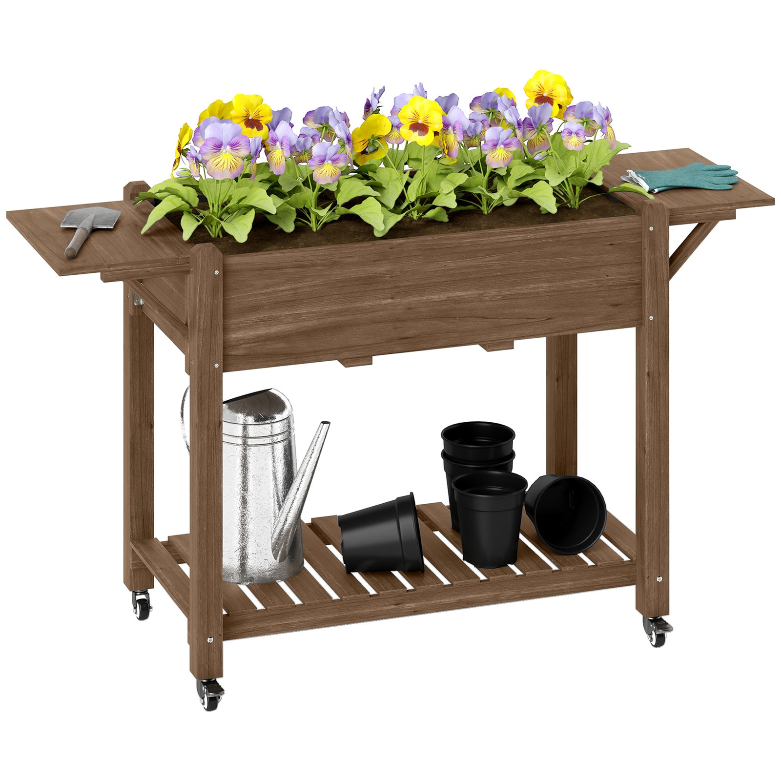 Wooden Raised Planter W/ Lockable Wheels, Liner | Brown