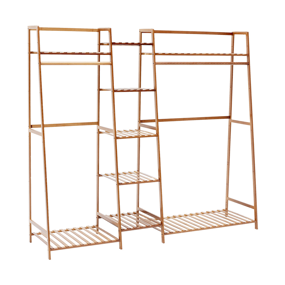 Trapezoid Bamboo Garment Rack With Tiered Storage Shelves | Natural