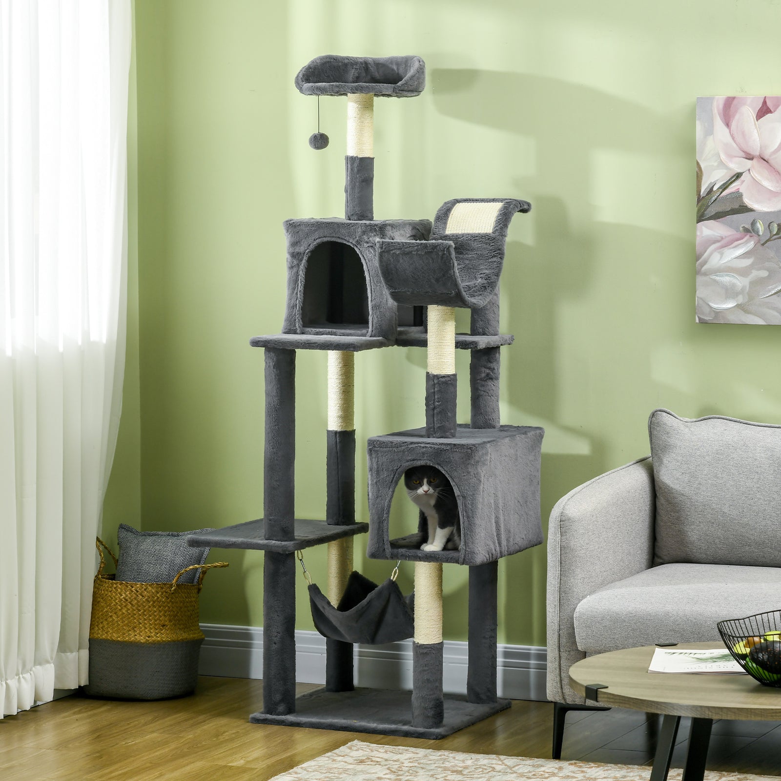 177cm Cat Tree For Indoor Cats, Modern Cat Tower With Hammock - Dark Grey