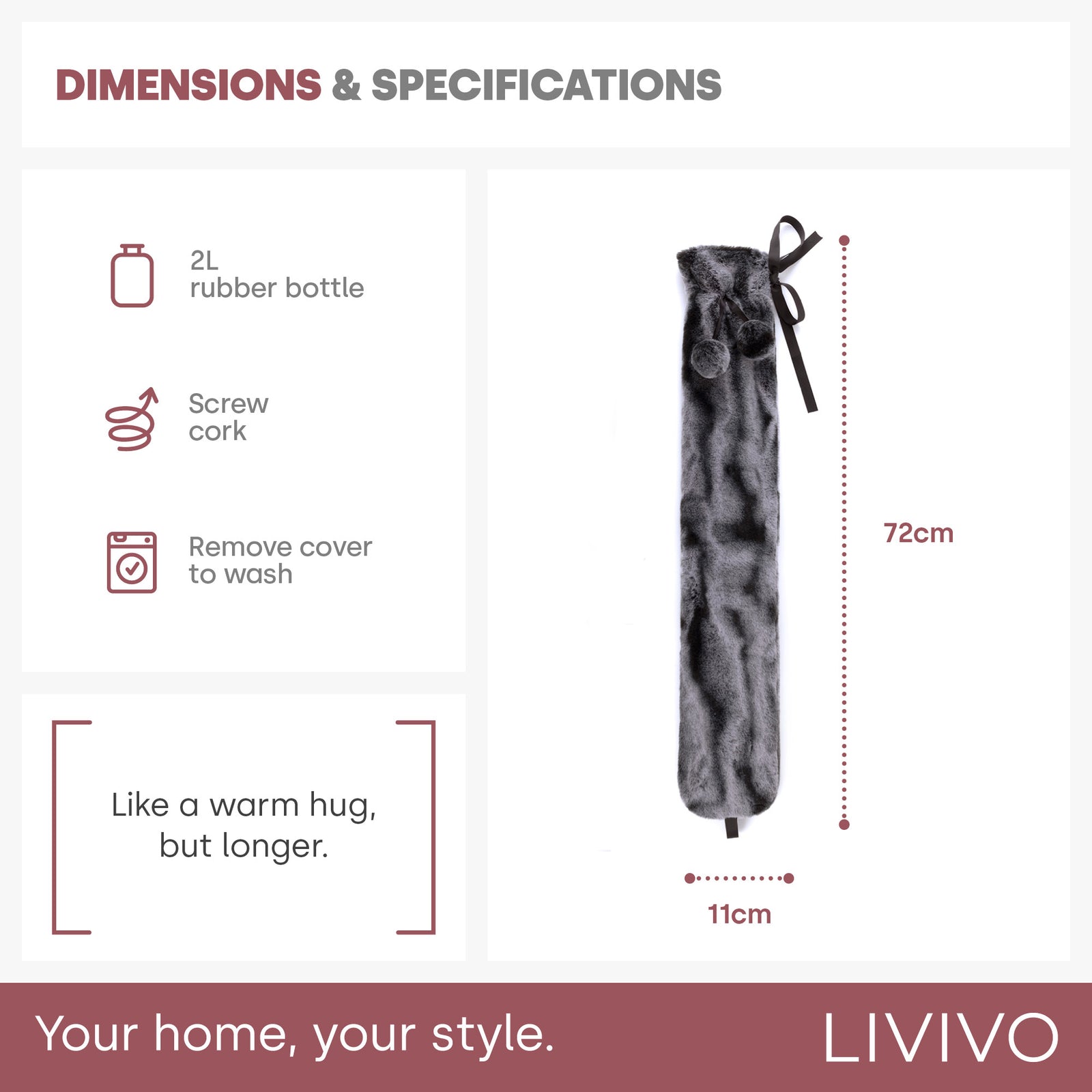 Livivo Grey Extra Long 2l Hot Water Bottle With Soft Washable Faux Fur Cover
