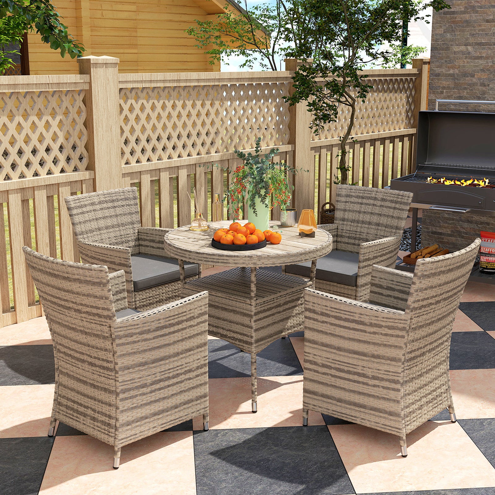 4 Seater Garden Dining Set, Double Layer Table, Grey