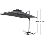 Double-tier 3m Square Solar Led Patio Umbrella Adjustable Height, 360° Rotation With Foot Pedal,cross Base Included