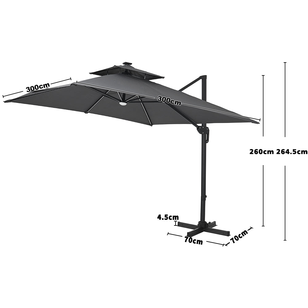 Double-tier 3m Square Solar Led Patio Umbrella Adjustable Height, 360° Rotation With Foot Pedal,cross Base Included