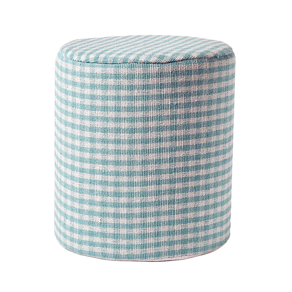 HOMESCAPES Blue Gingham Check Round Pouffe Cotton 40 X 42 Cm