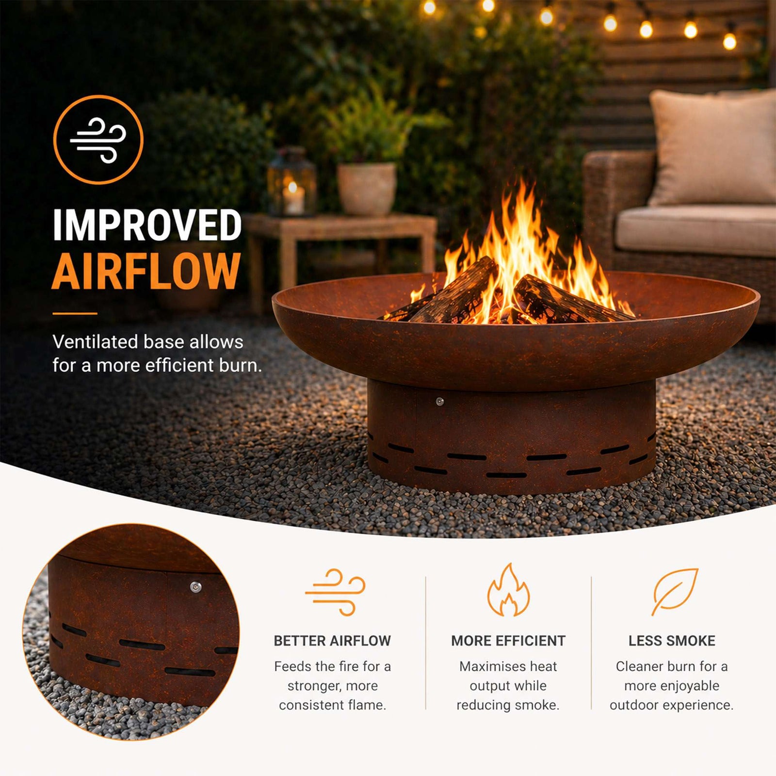 Nicoman Large Corten Steel Rust Fire Pit 70cm Outdoor Round Firepit For Garden