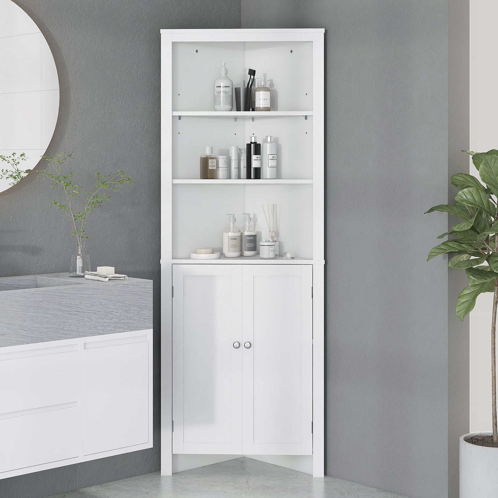 Corner Bathroom Cabinet, Double Doors Adjustable Shelves