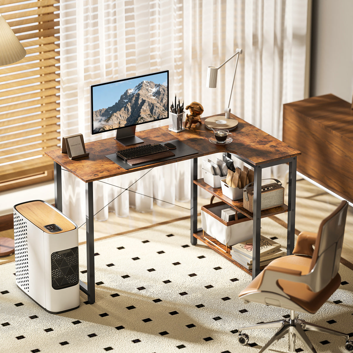 HOMCOM L-shaped Computer Desk Study Workstation With 2 Shelves, Steel Frame