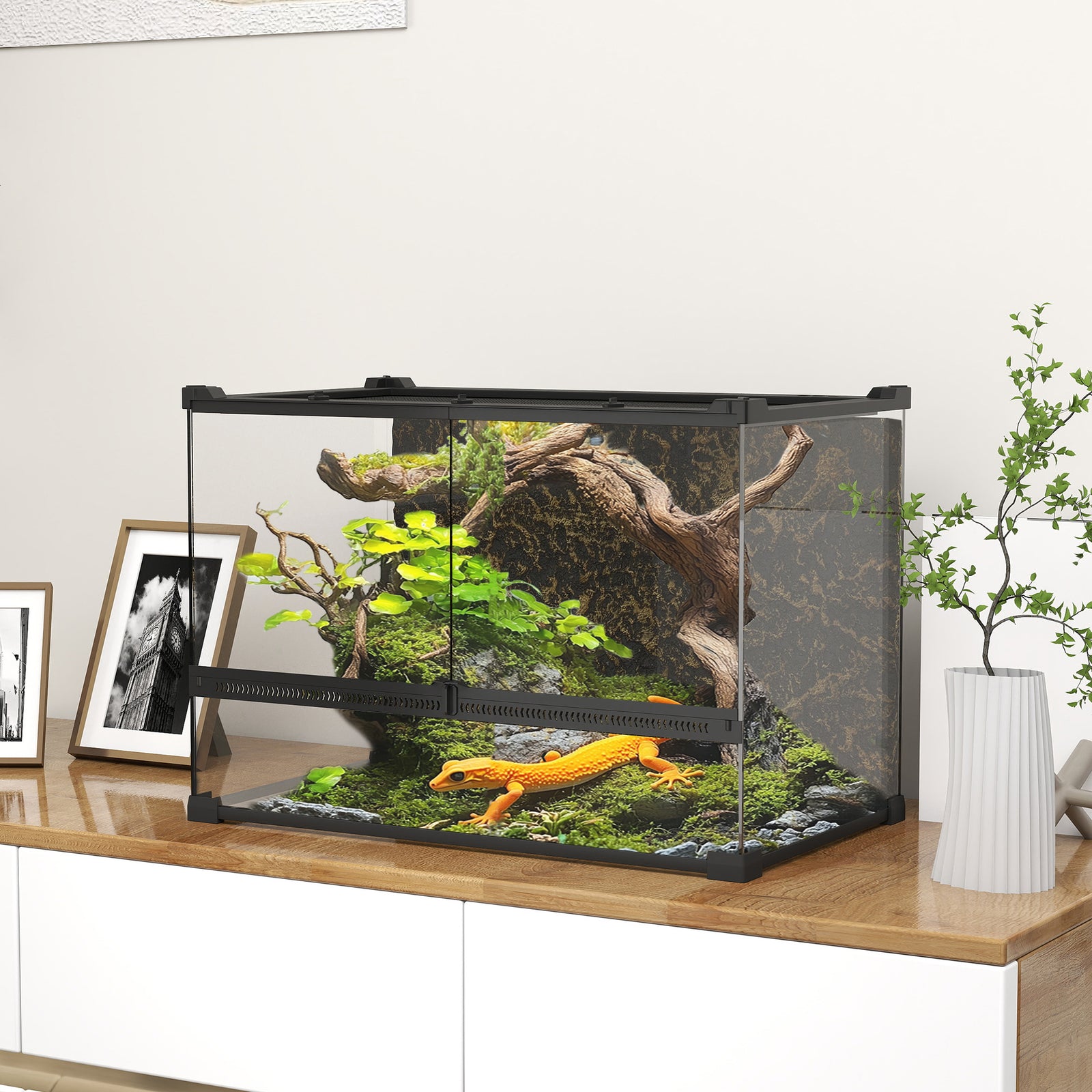 Glass Terrarium, Reptile Vivarium With Stone Background | 48l | Black