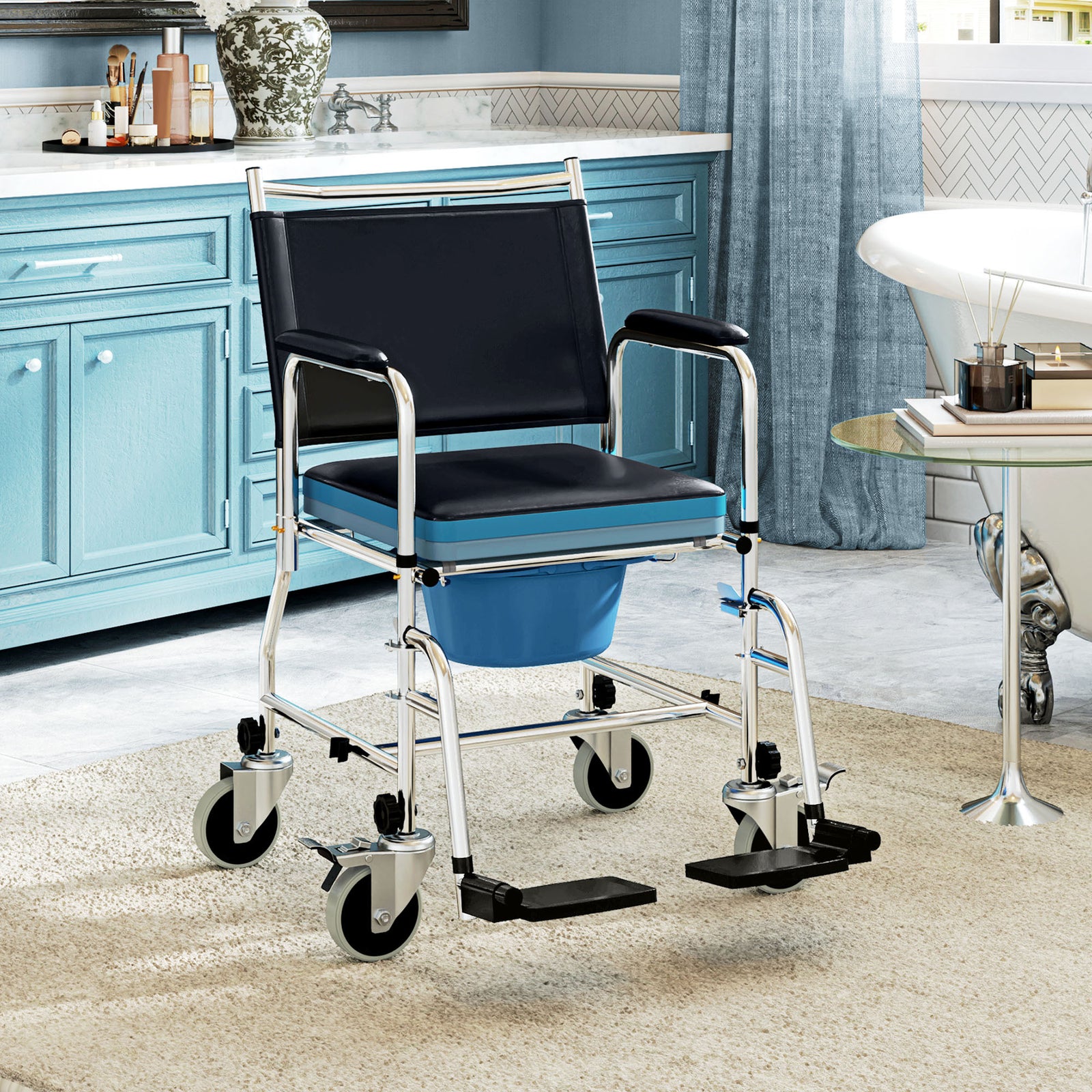 Shower Wheelchair, Commode Wheeled Chair With Padded Seat