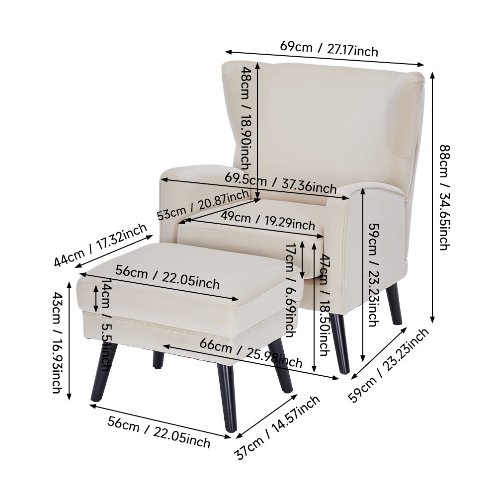Velvet Upholstered Leisure Chair With Footstool – Accent Armchair With Wooden Frame | Beige