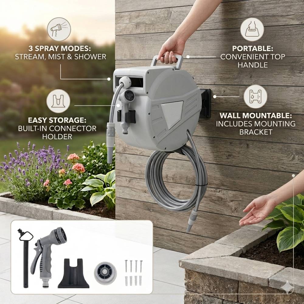 Wall Mounted Retractable Garden Hose Reel With Spray Nozzle | Small
