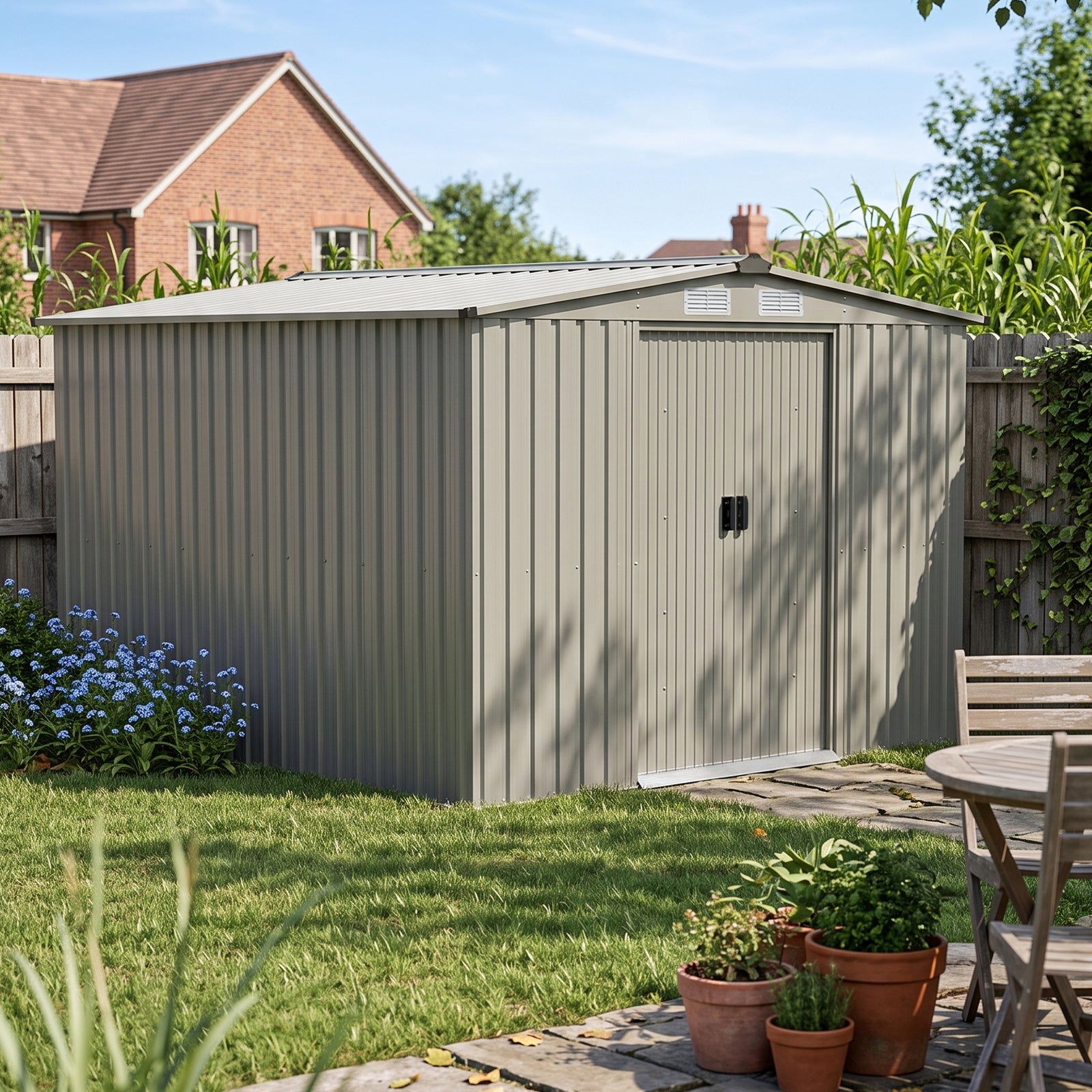 Breeins 8x8FT Apex Roof Metal Garden Storage Shed with Sliding Door