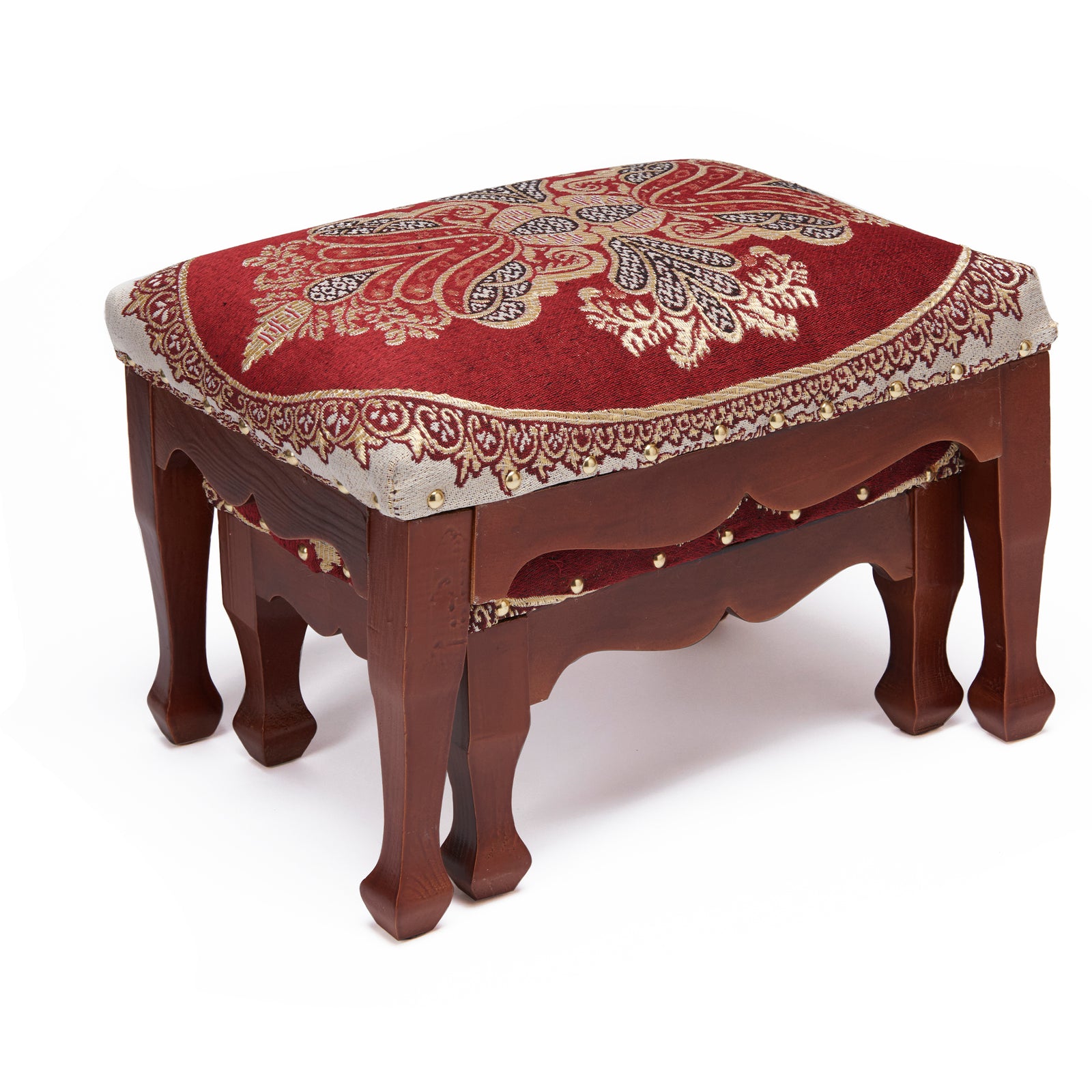 Nesting Footstools Pack Of 2 Red Woven Fabric Top, Wooden Frame