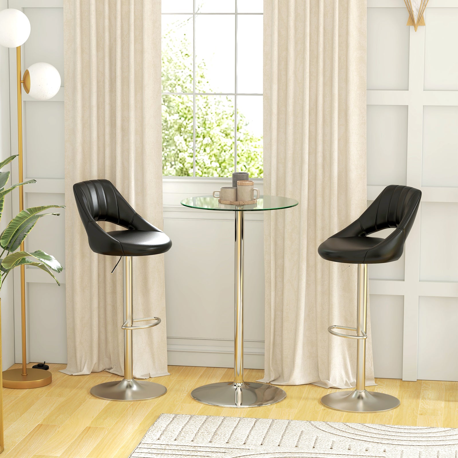 Round Bar Table With Glass Top And Steel Base For Home Bar