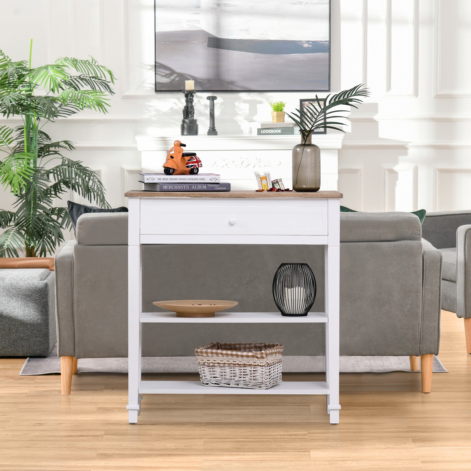80x75cm Console Table W/ Drawer 2 Shelves Worktop Handle