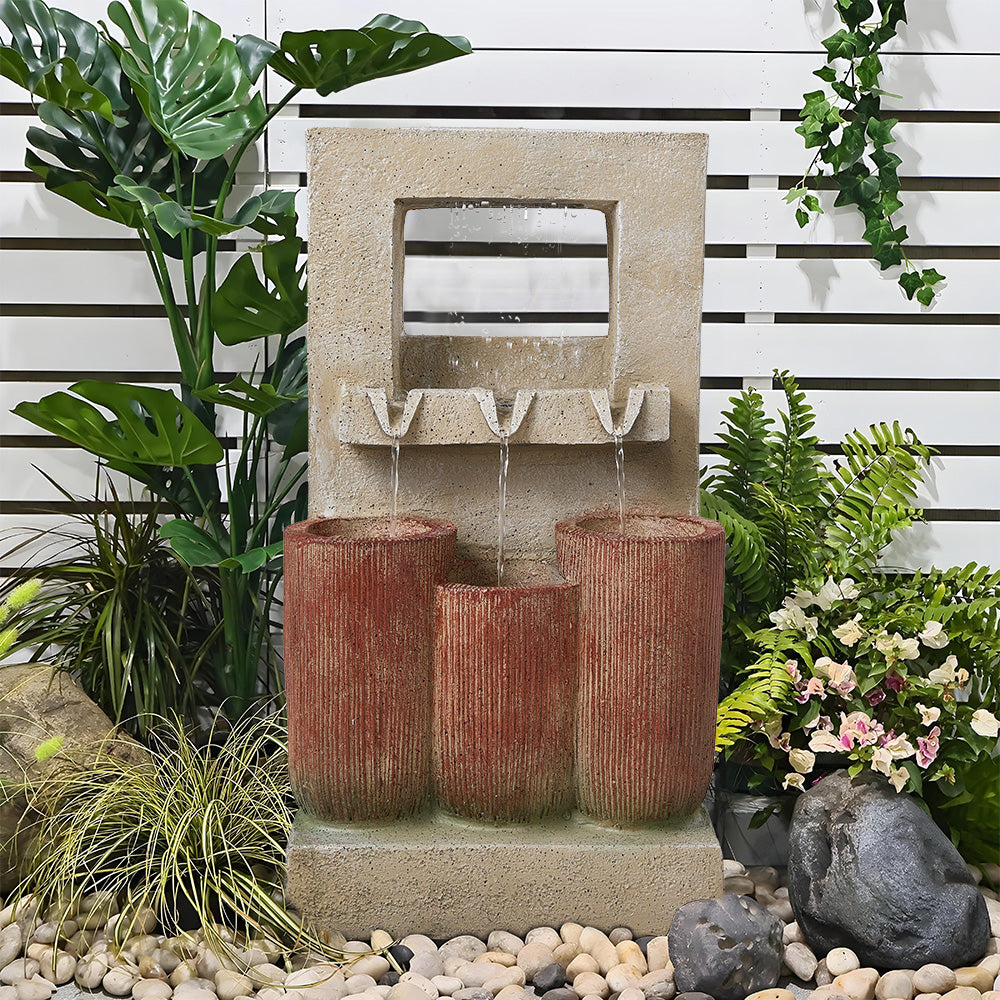 Solar-powered Outdoor Water Fountain With Led Lights, Cascading Water Design, Resin Garden Décor