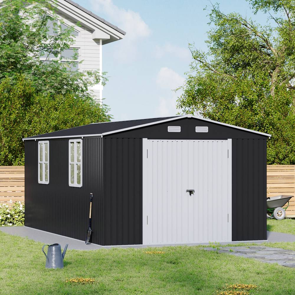 10x16ft Large Metal Storage Shed With Lockable Double Doors, 4 Windows, 4 Vents – Spacious Outdoor Tool Shed