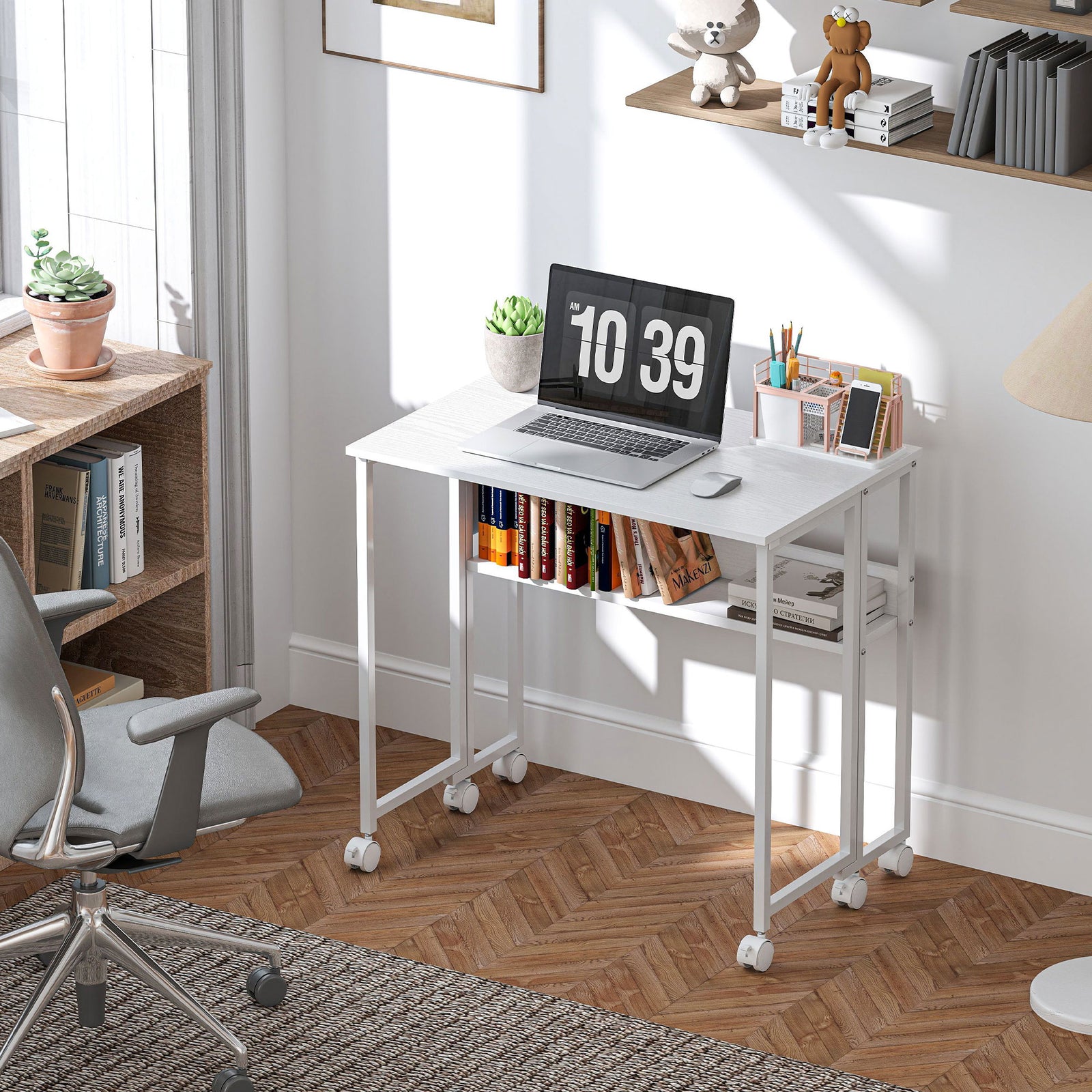 80 Cm Foldable Computer Desk On Wheels For Small Spaces | White