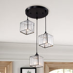 Modern 3-light Crystal Pendant Light Adjustable Linear Ceiling Fixture With Square Glass Shades | Black