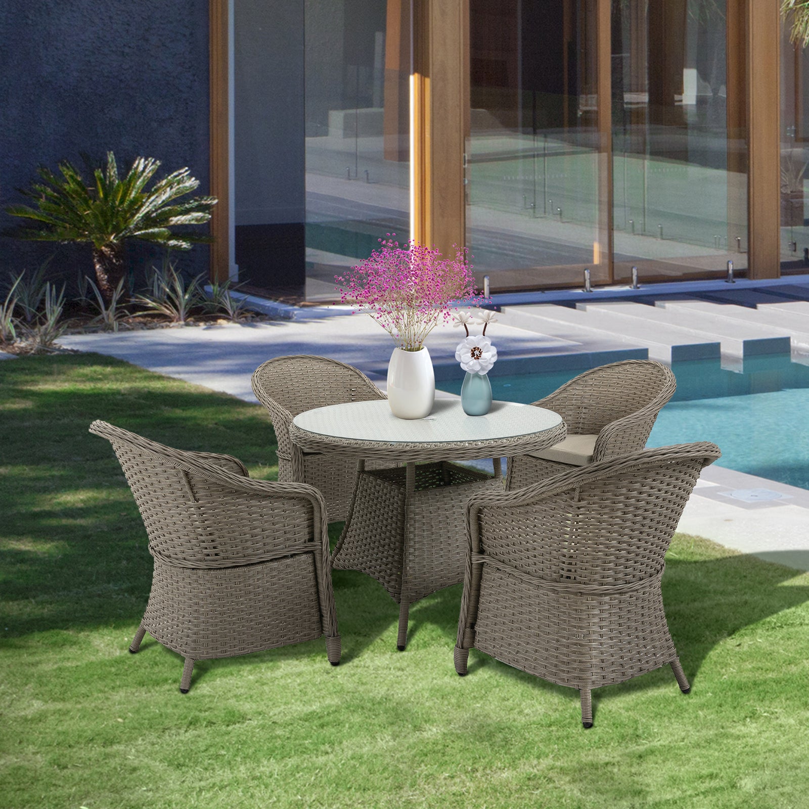 5 Pieces Outdoor Pe Rattan Dining Set W/ Hole