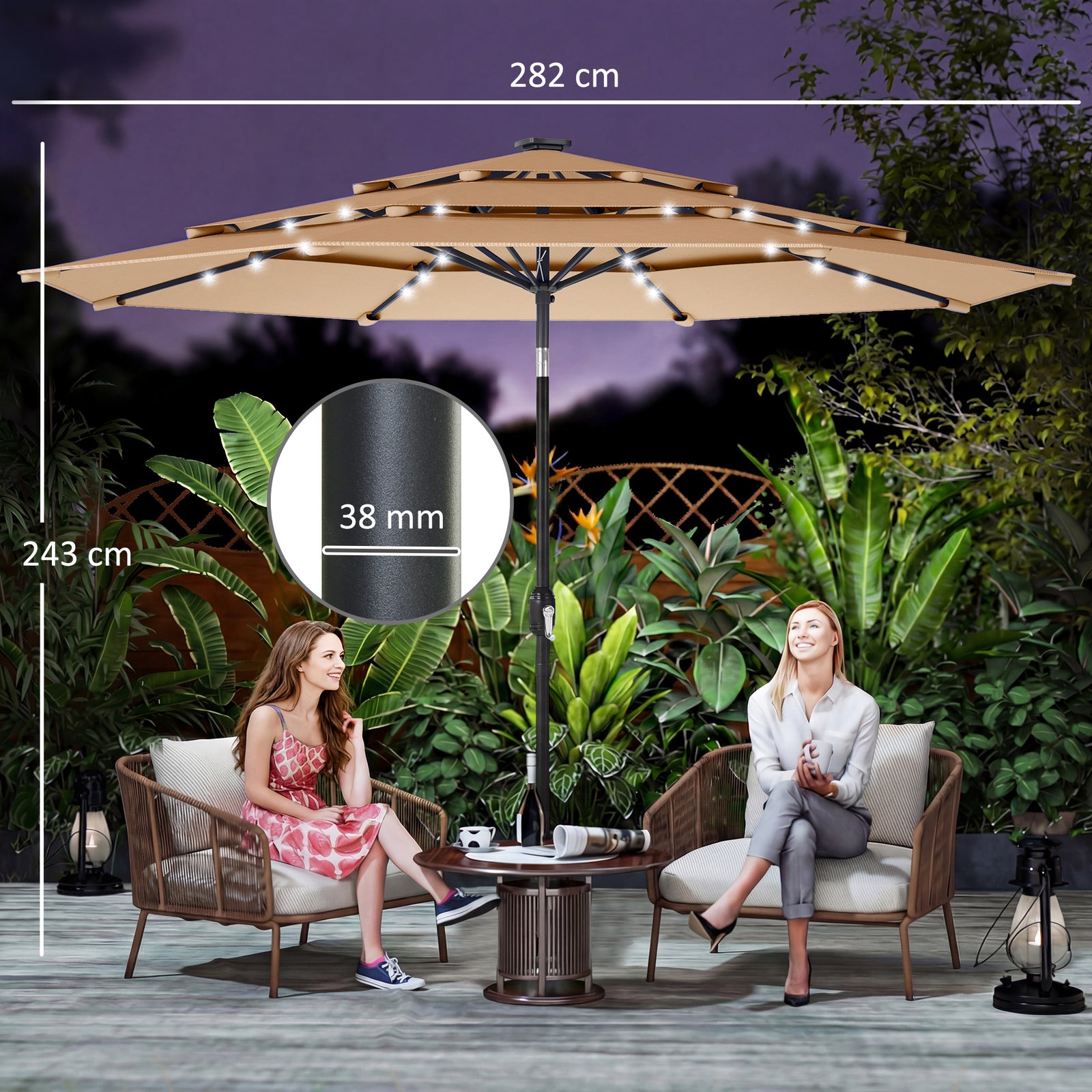 2.8 M Garden Parasol Umbrella With Light, Patio Umbrella | Khaki