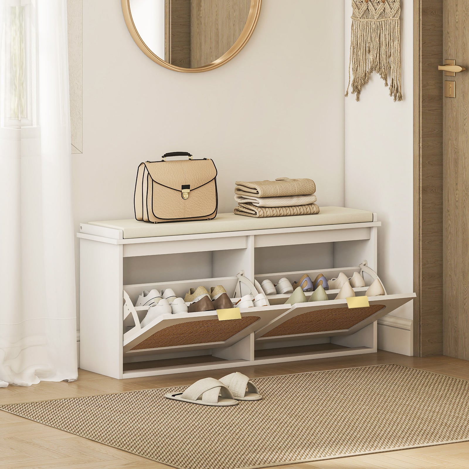 Boho Shoe Bench With Padded Seat And 2 Flip-drawers | White