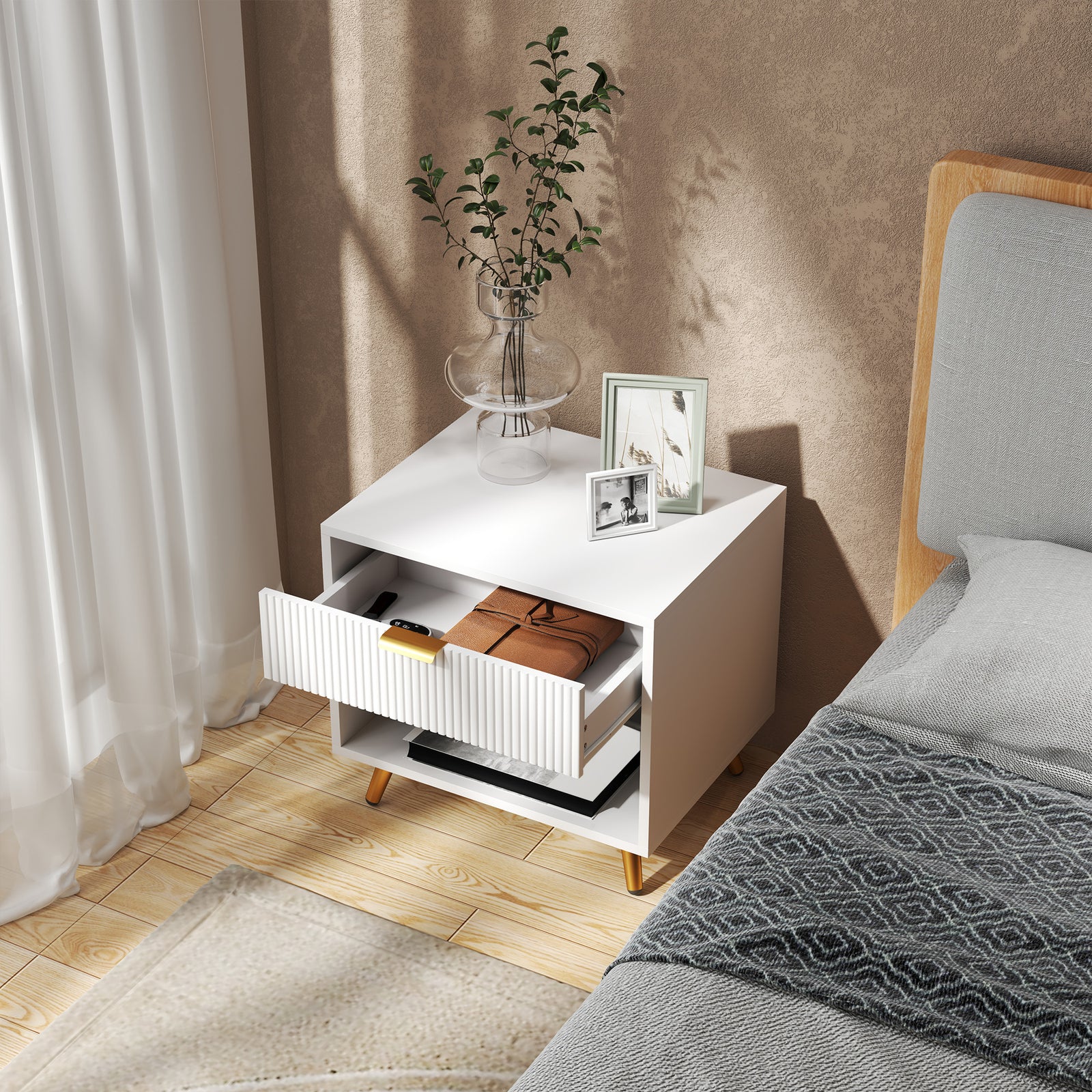 Small Table With Drawer, Open Compartment And Handle | One Size | White