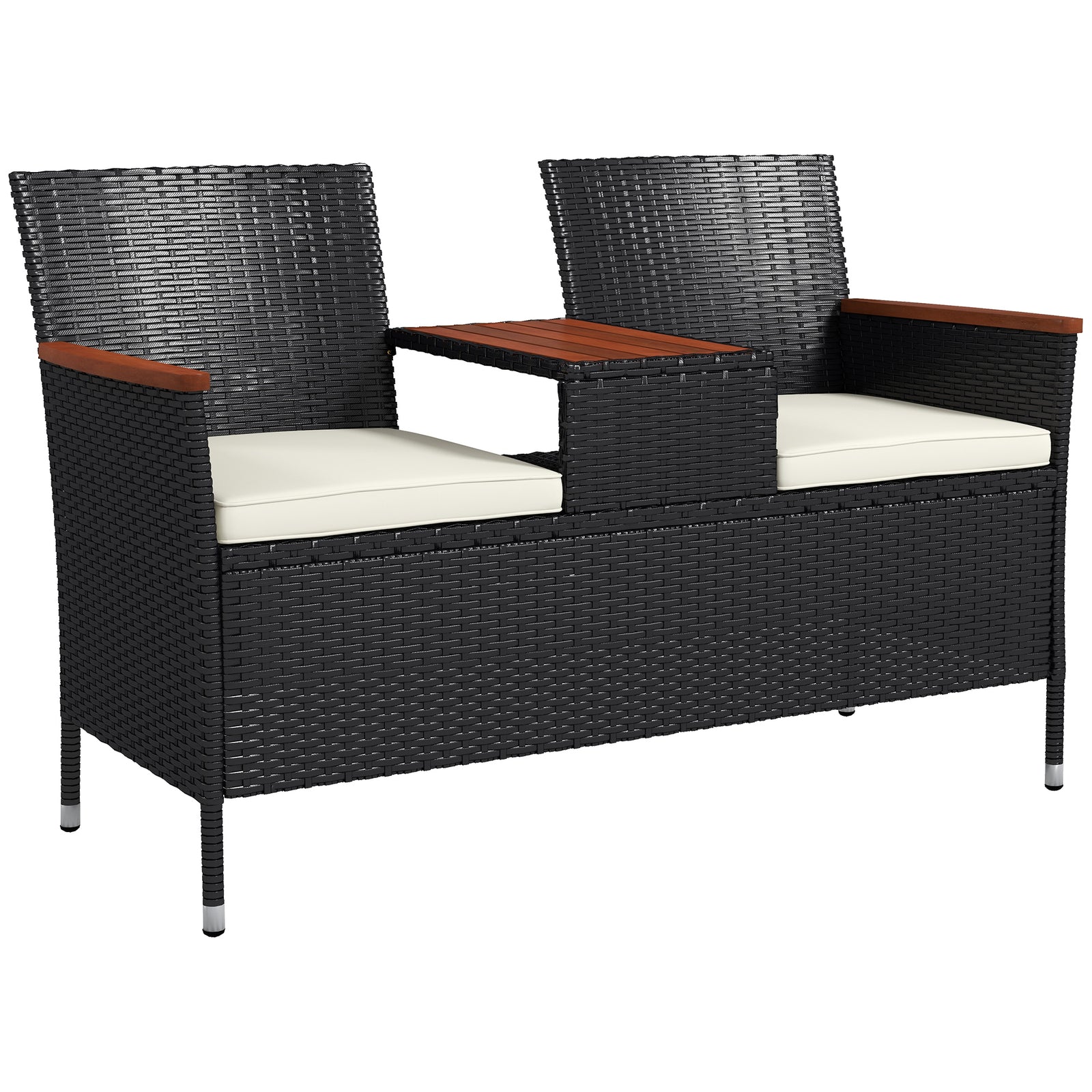 Rattan Garden Bench W/ Wood Top Table, Chair, Cushions | Black