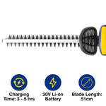 20v Cordless Electric Hedge Trimmer 51cm Cutting Lightweight Garden Handheld Cutter Battery Charger & Safety Blade Guard