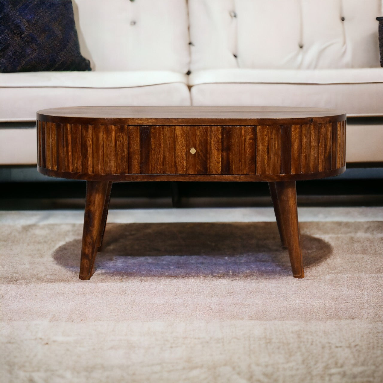 Solid Wood Stripe Chestnut Coffee Table, 2 Drawers, Dark Brown