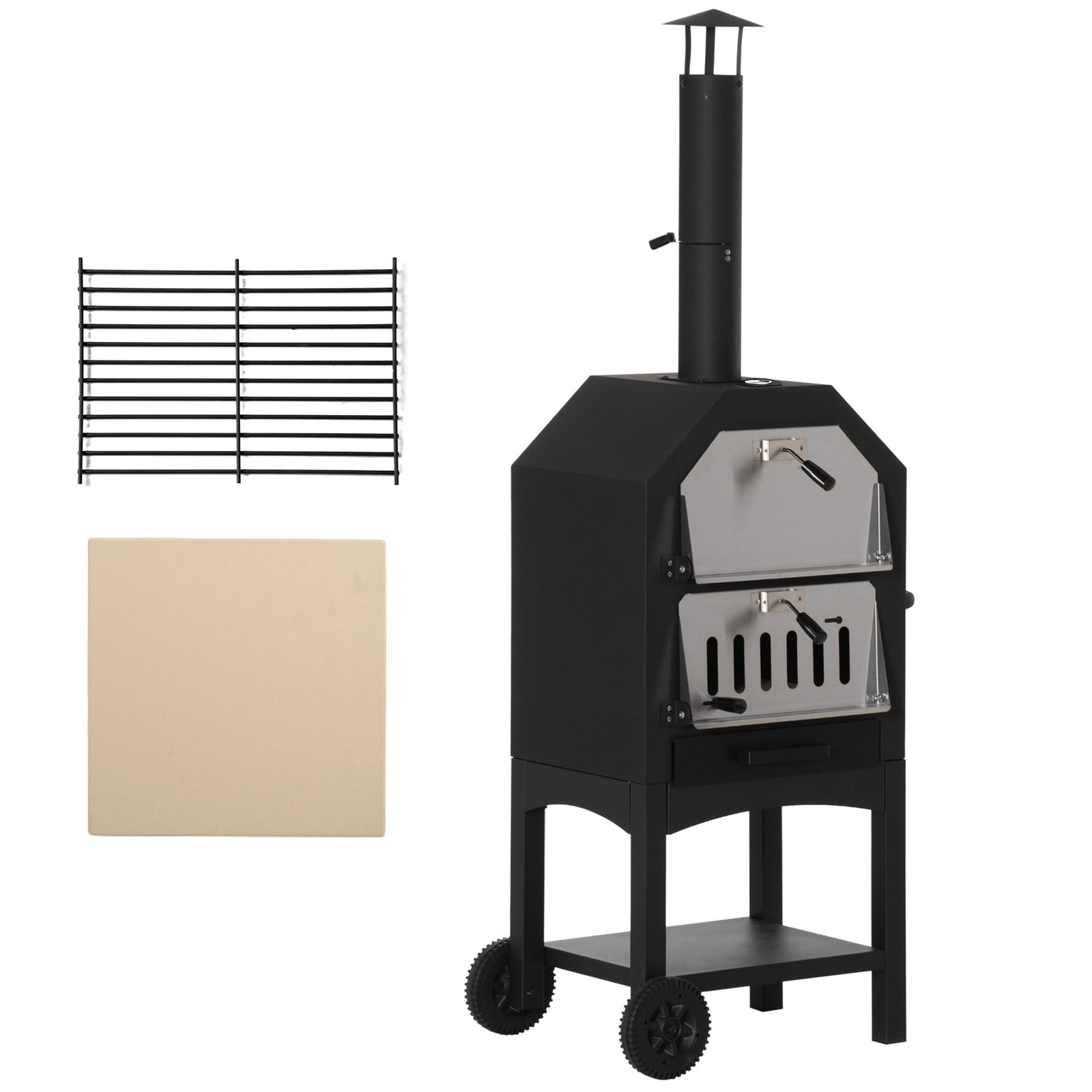 Pizza Oven, Charcoal Bbq, 3-tier, Chimney, Wheels | Black