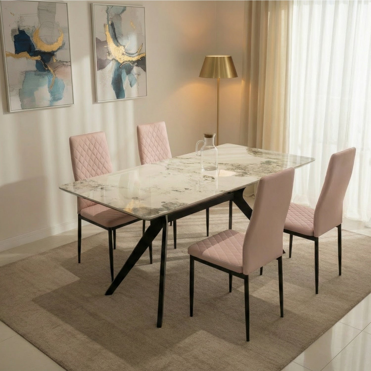 San Diego Marble Top Dining Table With Emily Leather Chairs | Champagne